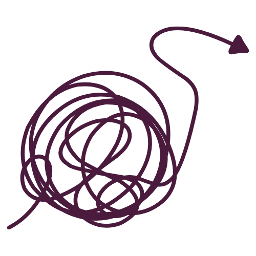 Tangled line leading to arrow showing confused path forward