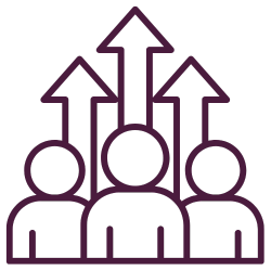 Three people with upward growth arrows showing team empowerment