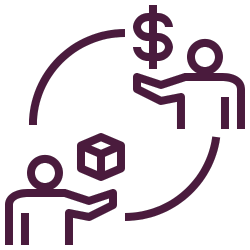 Two people exchanging product with circular arrows and dollar sign