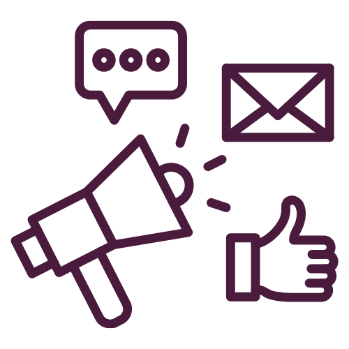 Megaphone with messaging icons - speech bubble, email, and thumbs up