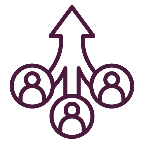Three people in circles converging toward upward arrow