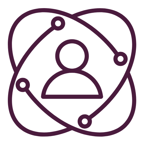 Person at center with orbital rings and connection points