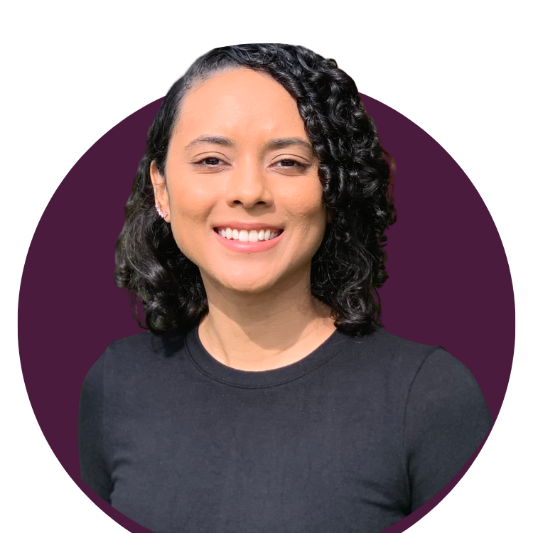 Alaina's headshot, circular, plum-framed