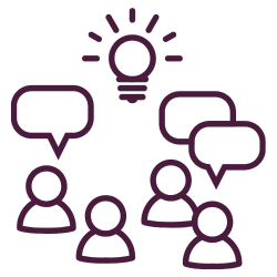 Four people with speech bubbles beneath shared lightbulb