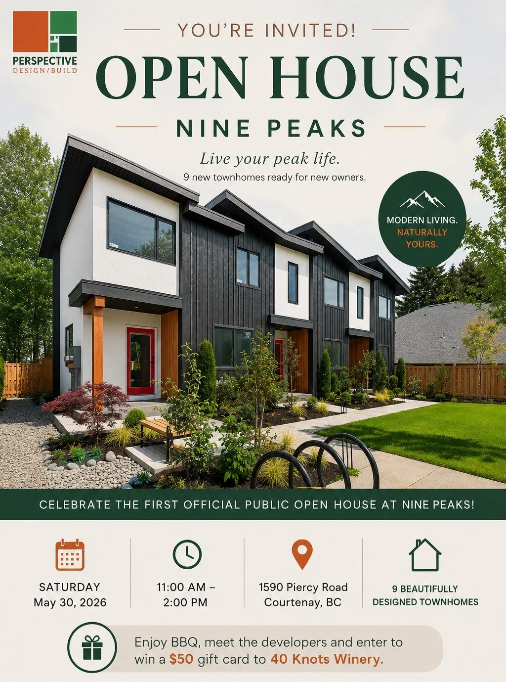 🏡 OPEN HOUSE at NINE PEAKS 🏡
Modern living in the heart of Courtenay ✨

Come tour our beautifully designed townhomes, meet the developers, enjoy some BBQ, and enter to win a 🍷 $50 gift card to 40 Knots Winery!

📍 1590 Piercy Road, City of Courten
