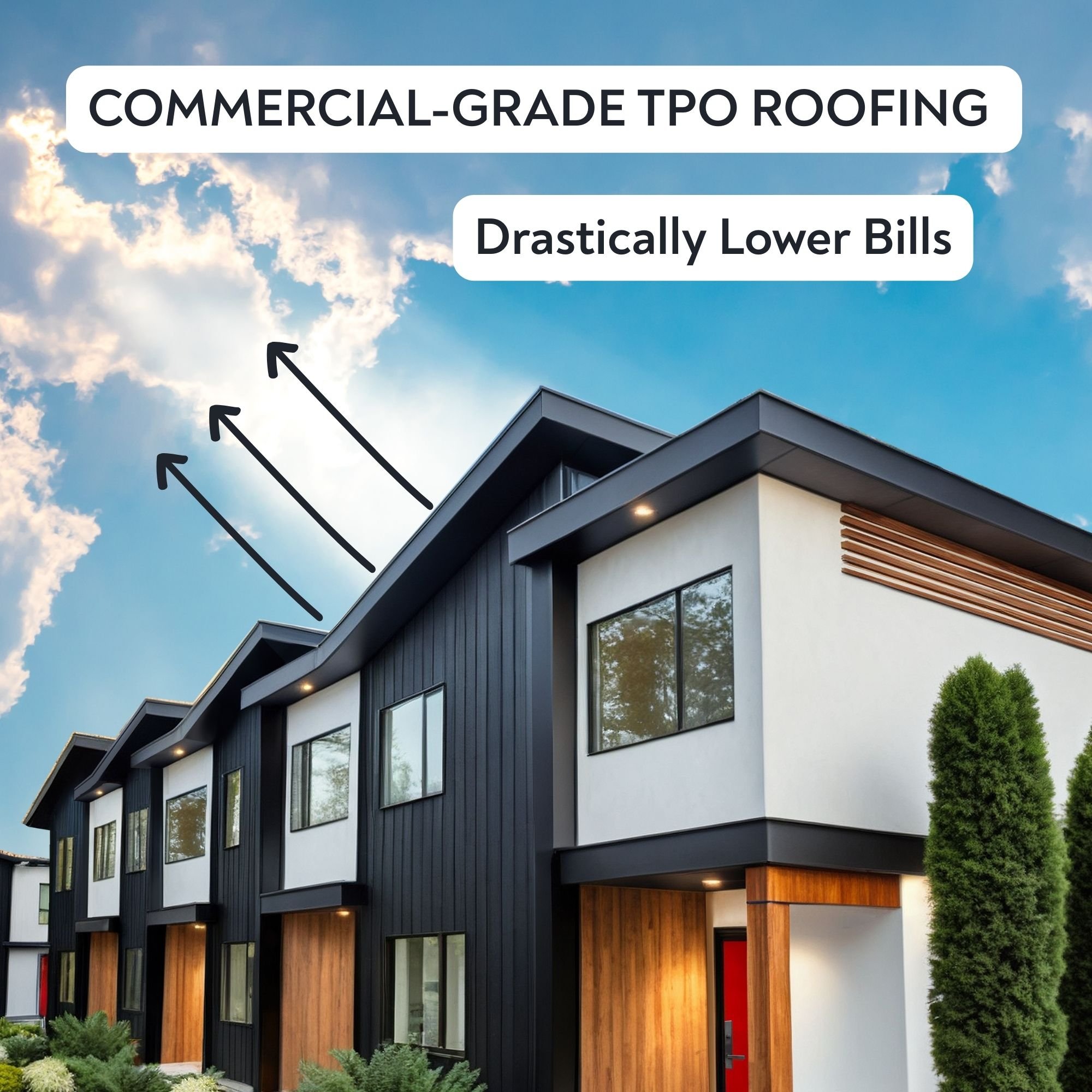 Diagram of white TPO Cool Roof membrane reflecting 80% of UV rays to reduce summer cooling costs by 10–15% compared to asphalt shingles