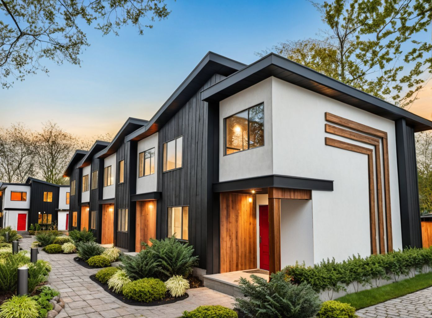 Modern townhouse with black and white exterior, wooden accents, red front door, landscaped front yard, and large windows under a sunset sky.