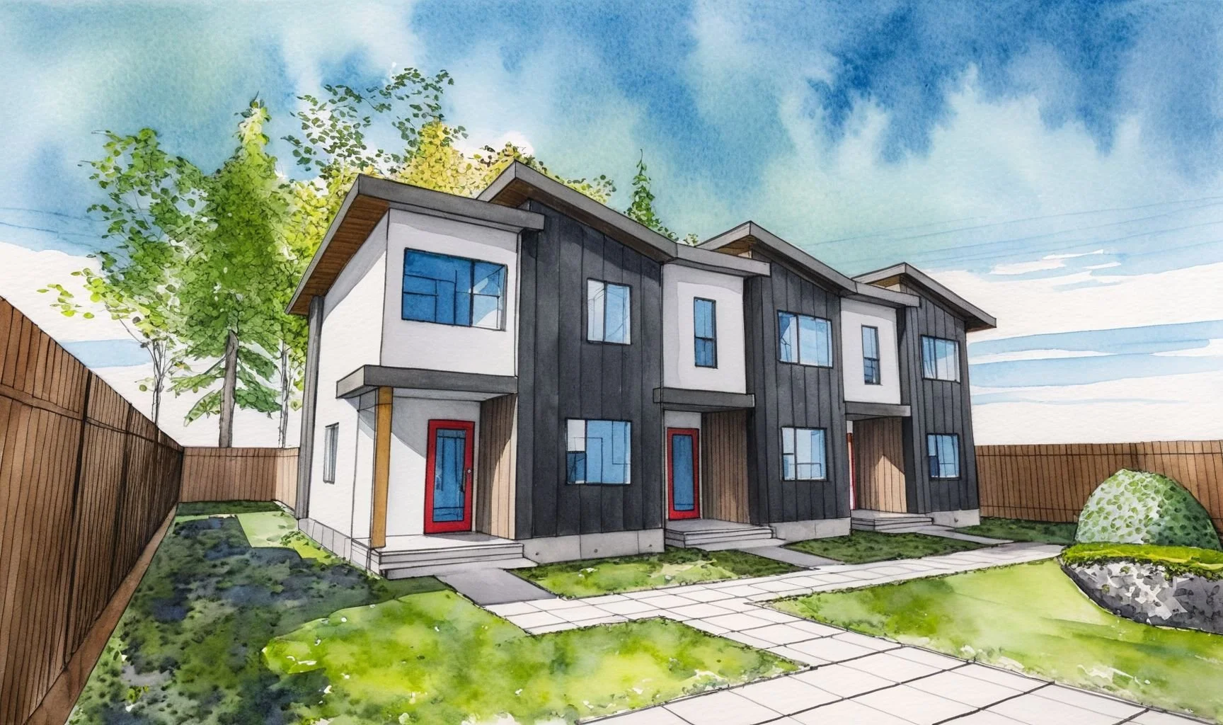Watercolor illustration of modern duplex houses with gray and white exteriors, red doors, stepped pathways, fenced backyard, and green trees under a blue sky.