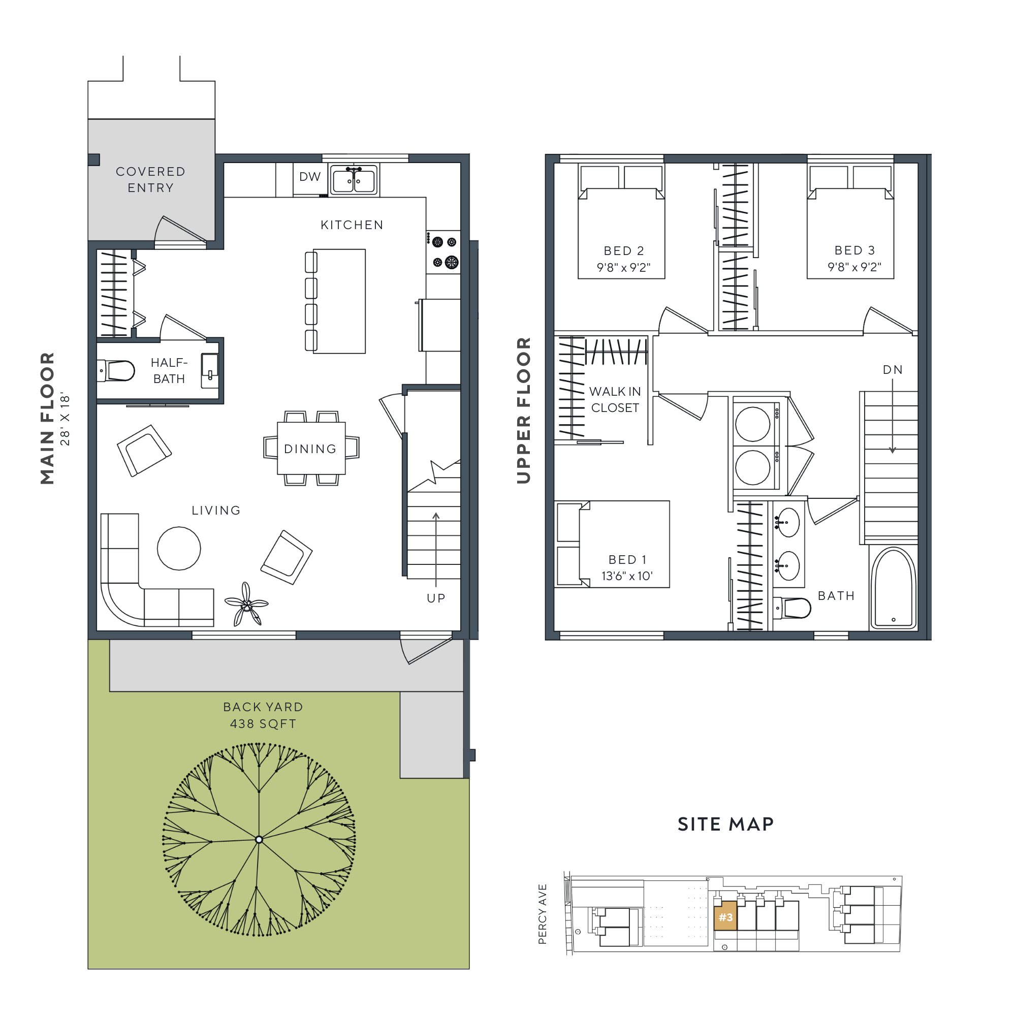 Floor plan for Nine Peaks boutique townhomes in Courtenay, BC. 1157  sq. ft. modern 3-bedroom layout featuring an open-concept living area, private covered patio, and high-utility layout..