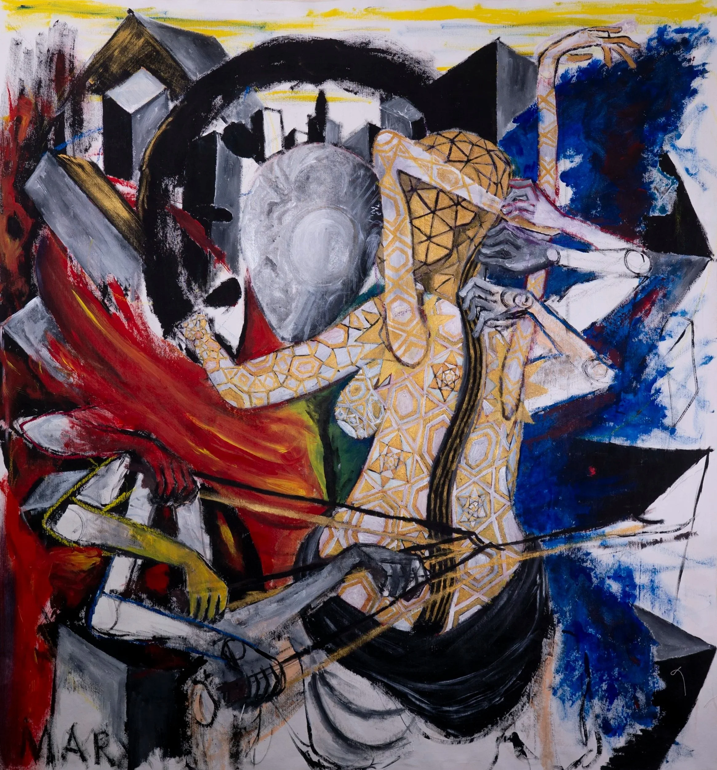 "The Celloist" 
Brandon Marx c. 2026
5ft x 5ft Acrylic & Oil on Canvas