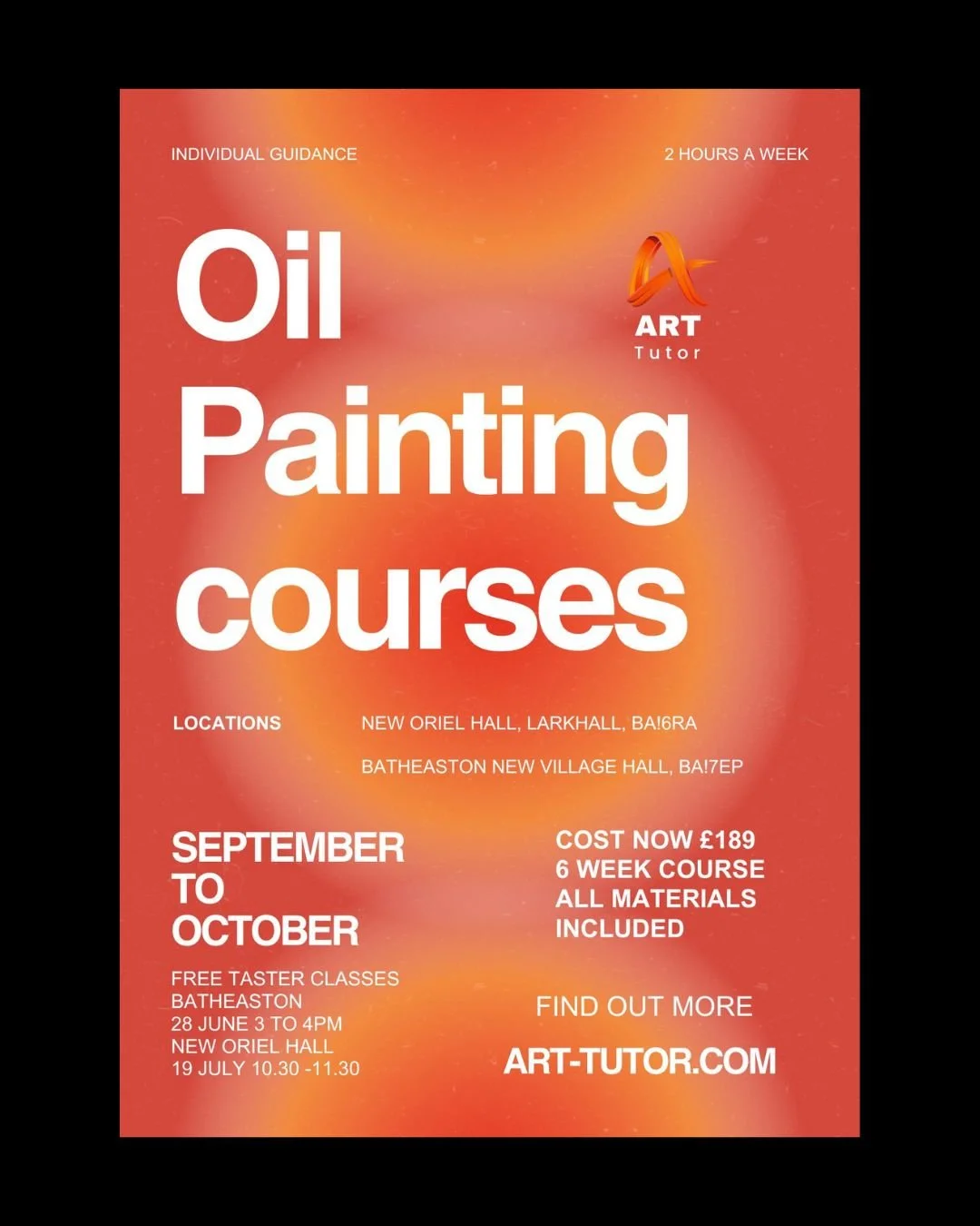 oil painting course - New oriel hall Larkhall, Bath - 1st Sept to 6th Oct NOW 10% OFF
