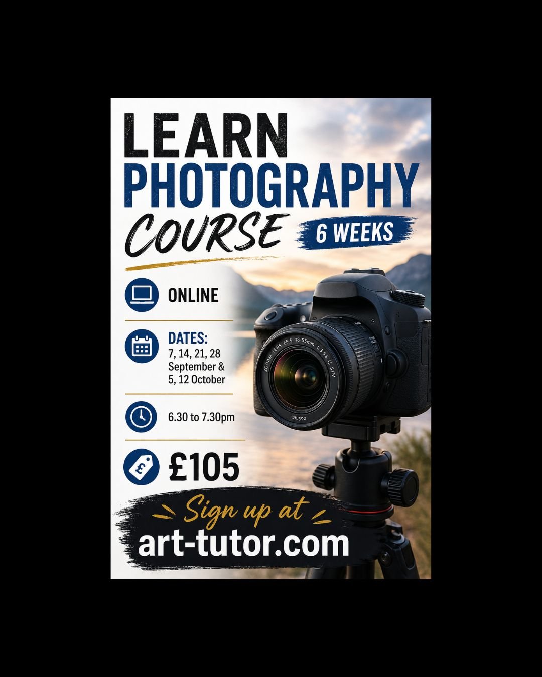 Learn photography 6 week online course - 7th September to 12th October 2026 6.30 to 7.30pm