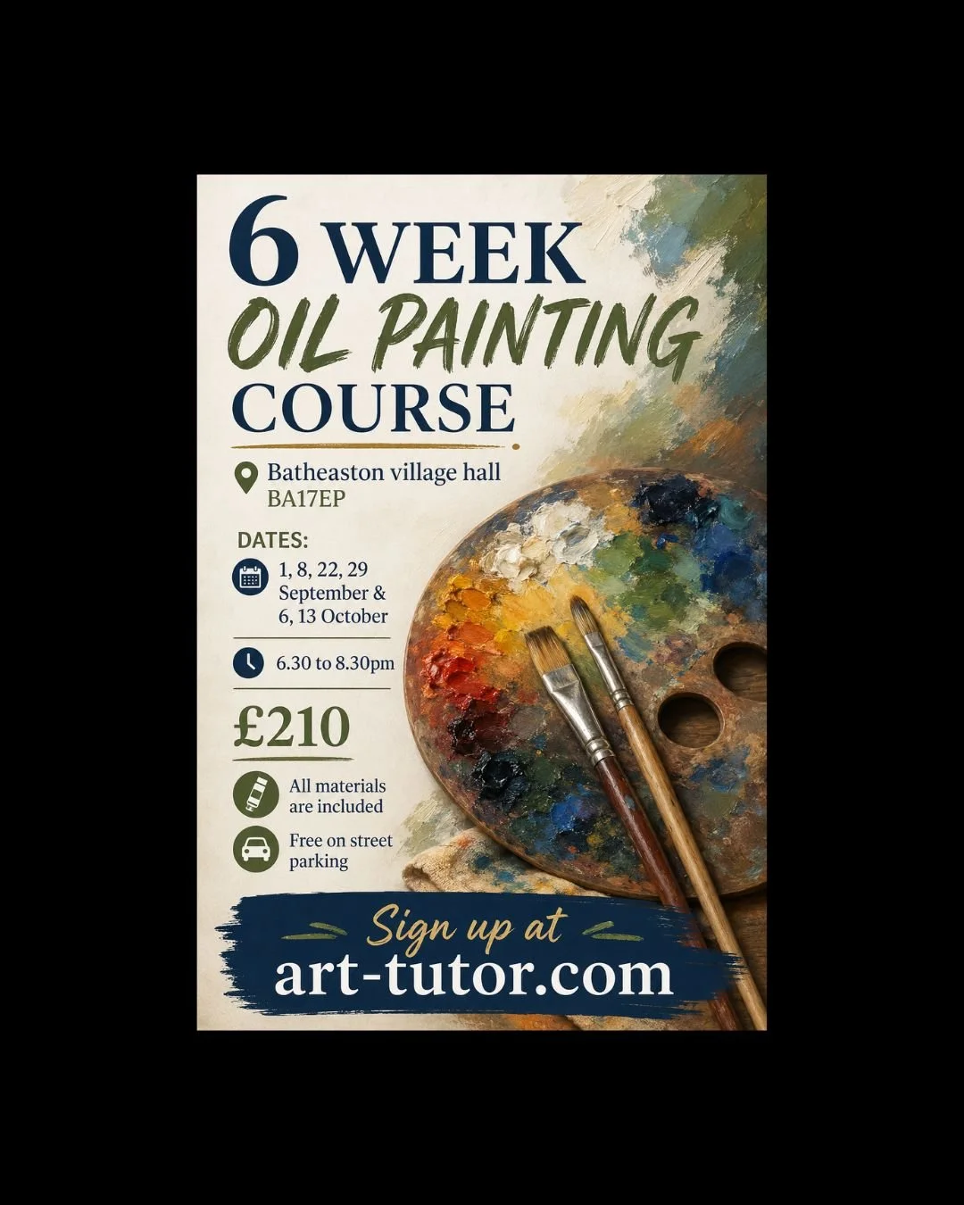 6 week Oil Painting course, Batheaston village hall - 1st sept to 13th October
