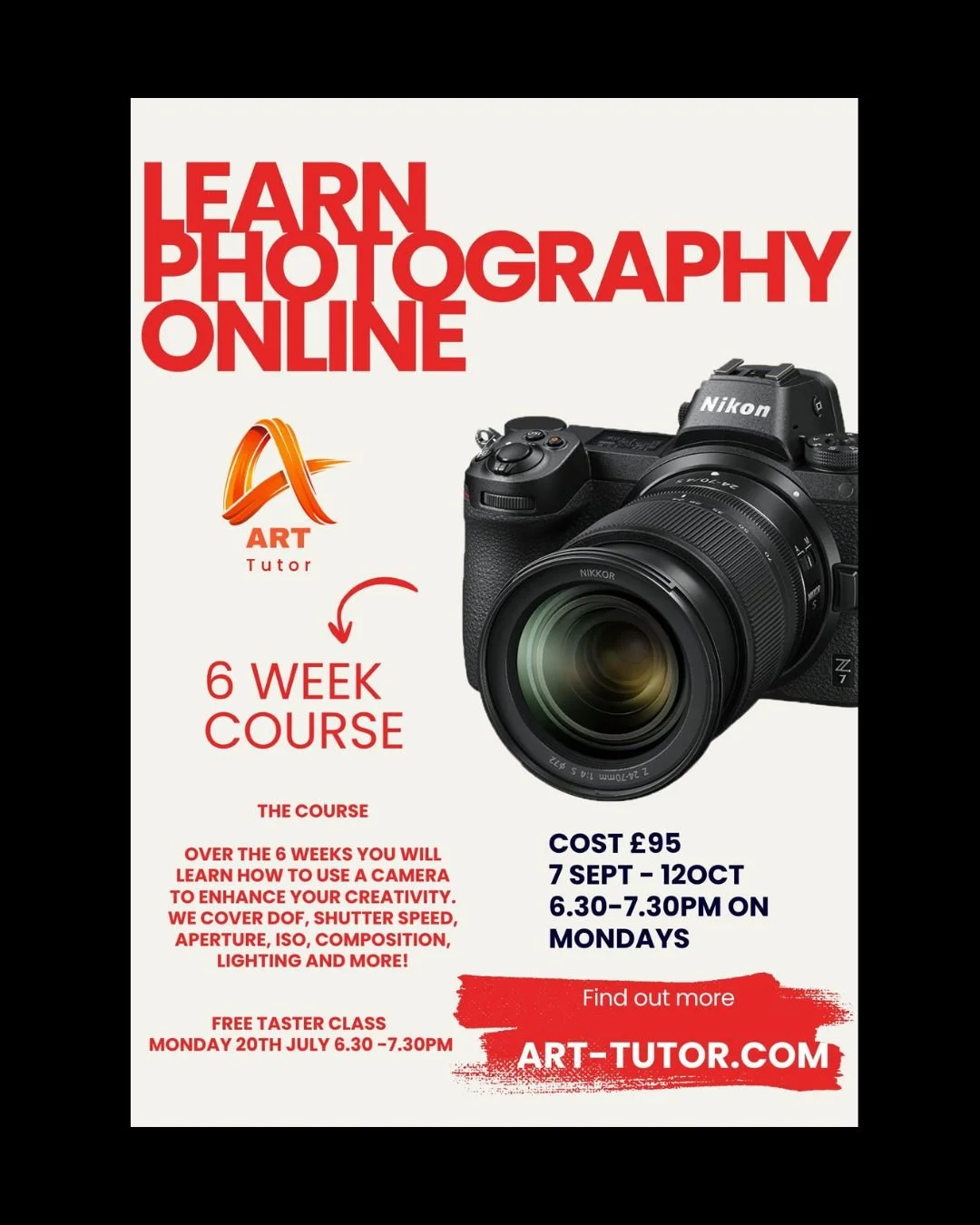 Learn photography course - 7th September to 12th October 2026 6.30 to 7.30pm NOW 10% OFF