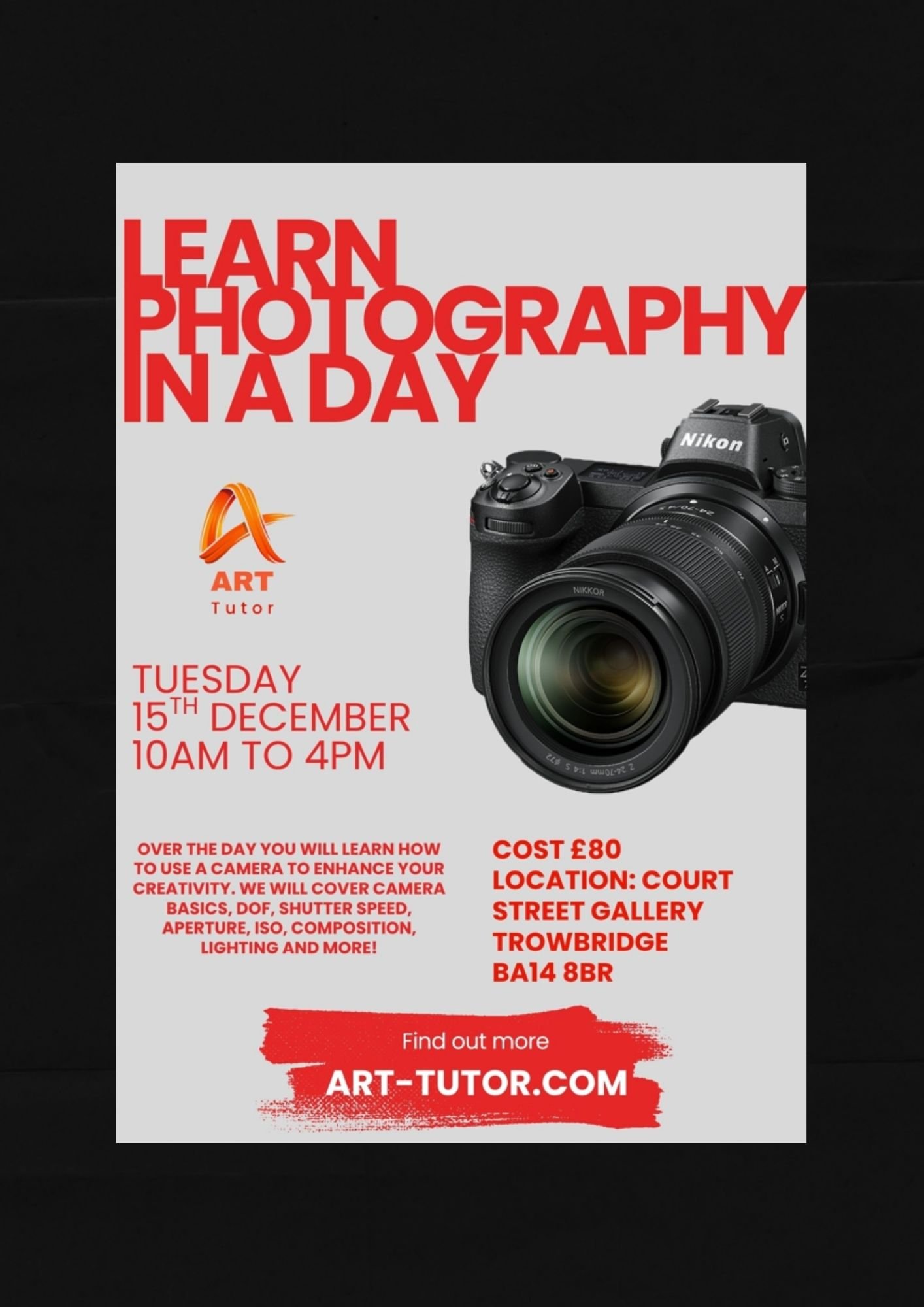 Learn photography in a day - Tuesday 15th December 10 to 4, Trowbridge