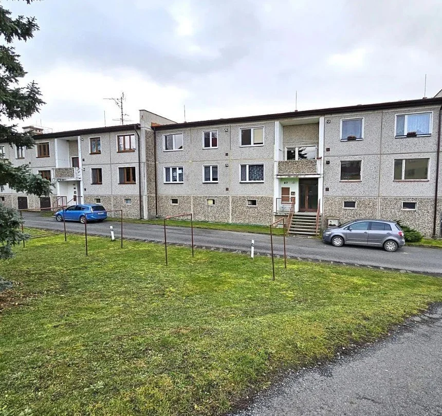 An apartment building with multiple windows and a small staircase at the front entrance, with two parked cars in front, and a grassy area with a few small trees.