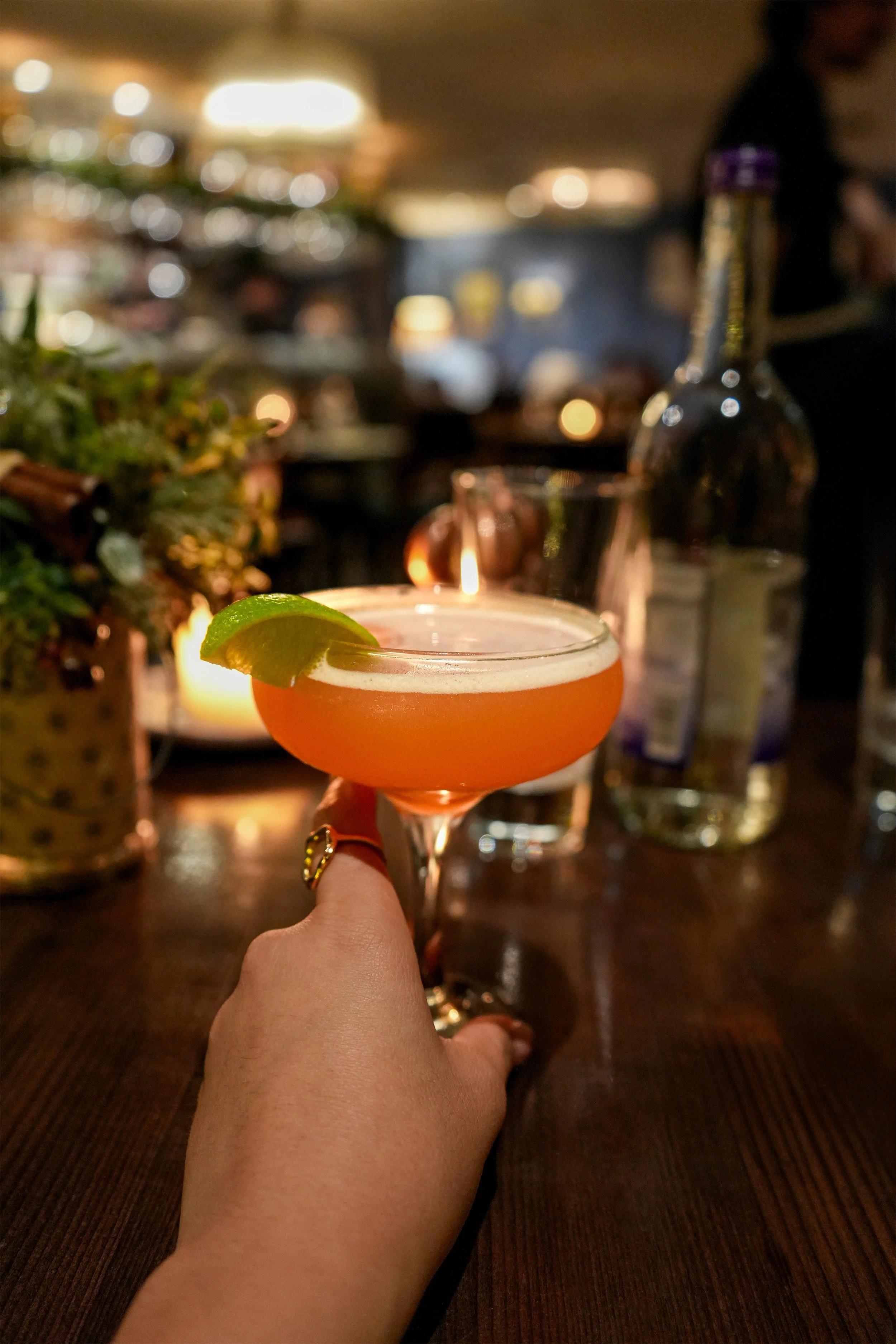 A hand holding a cocktail glass with an orange-colored drink and a lime wedge garnish in a dim, cozy bar setting.