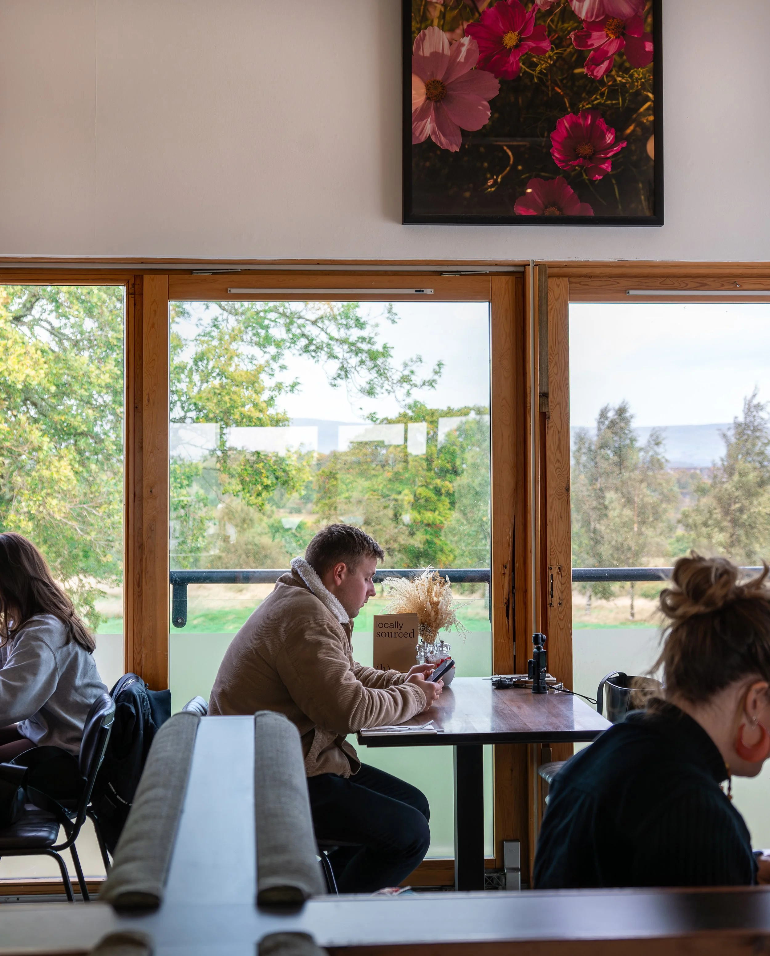 A man sitting at a table in a cafe using his phone, with large windows in the background showing trees and a partly cloudy sky. A framed flower photograph hangs above.