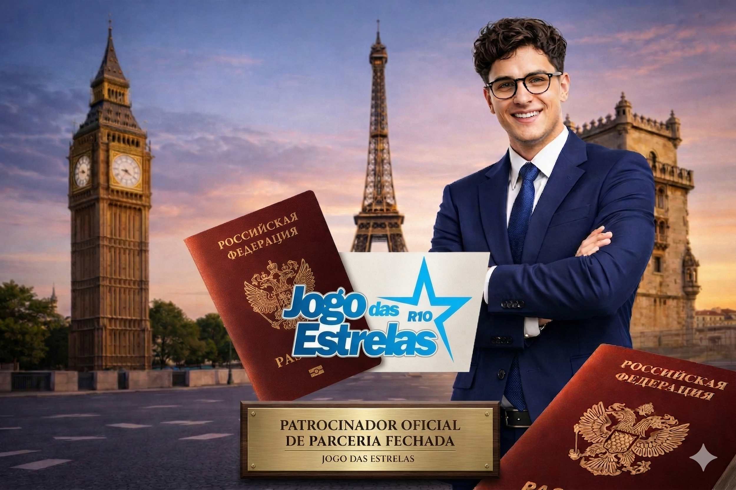 Homem de terno sorrindo, segurando um cartaz com o logotipo do evento 'Jogo das Estrelas R10', ao fundo monumentos de Paris, incluindo a Torre Eiffel e o Big Ben, com dois passaportes russos ao seu lado.