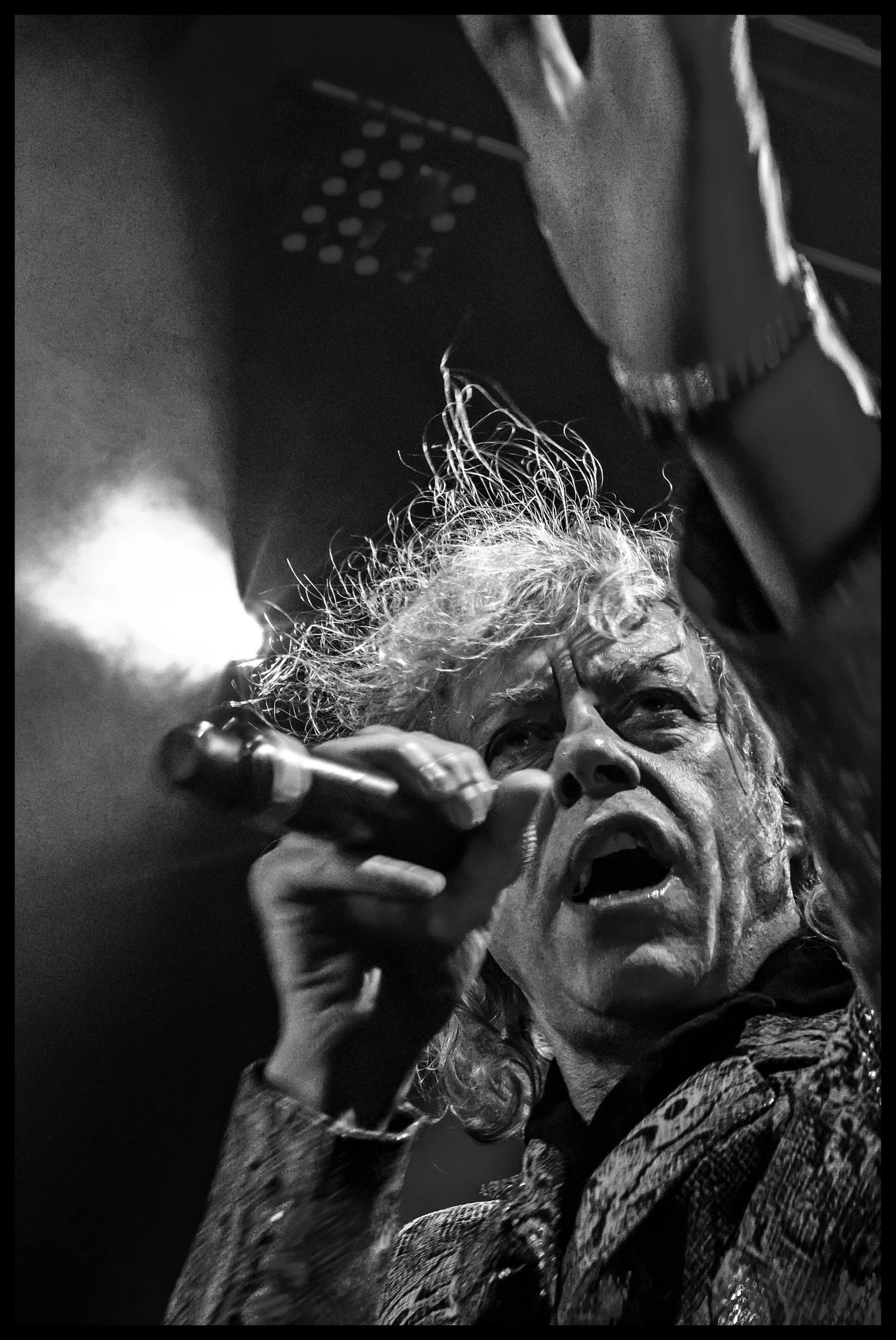 A high-contrast black and white concert photograph of Bob Geldof performing passionately on stage, gripping a microphone with one arm raised under dramatic stage backlighting. Raw, gritty live music photography capturing the intense energy of a rock 