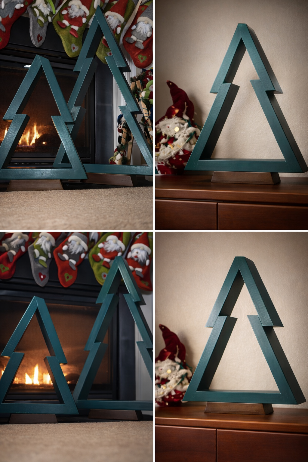 A wooden Christmas tree decoration with a geometric design, shown in two different settings. It is placed on the floor near a fireplace with stockings hanging above in one image, and on a wooden surface with holiday plush toys in the background in another.