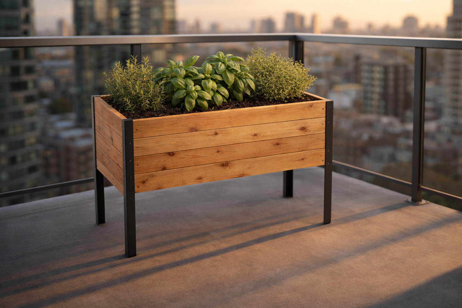 A wooden planter box with green herbs on a rooftop balcony with a city skyline in the background during sunset.