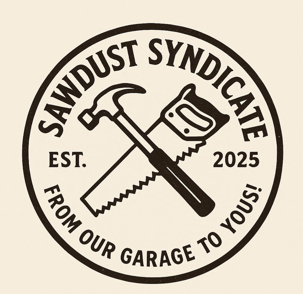 A circular logo for the Sandwich Syndicate featuring a hammer, handsaw, and handsaw crossed, with the text "Sandwich Syndicate" at the top, "From our garage to yours!" at the bottom, "EST. 2025" on the sides.