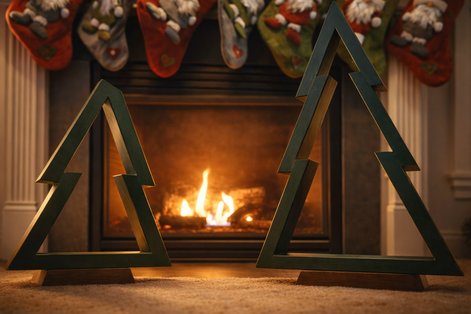 Handcrafted wooden tree décor sculptures in two sizes, finished in green with natural wood edges, displayed in front of a lit fireplace with holiday stockings.