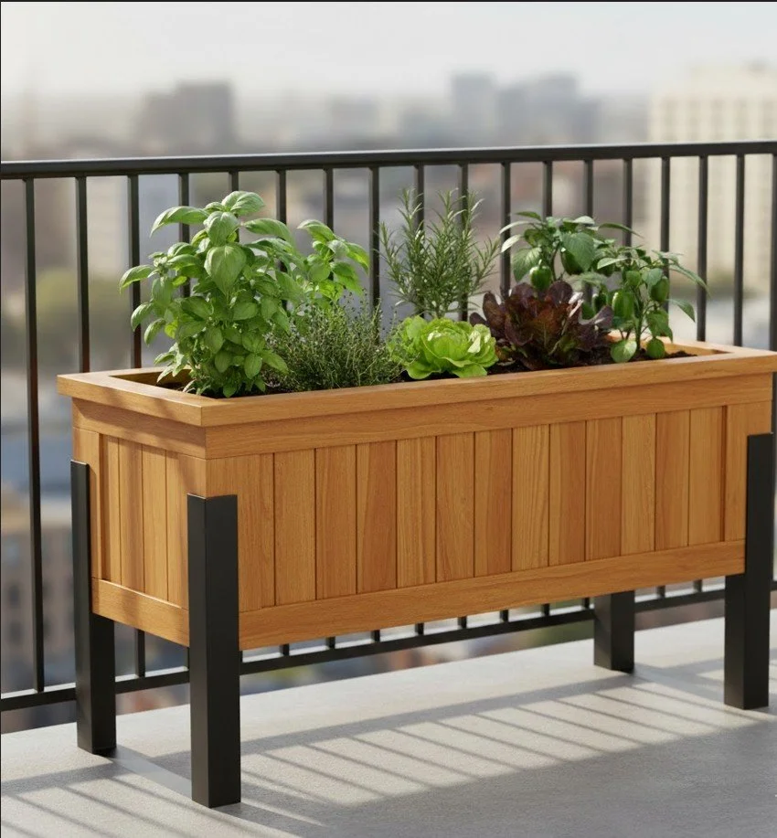 A rectangular wooden planter box with herbs and leafy greens on a balcony, with city buildings in the background.