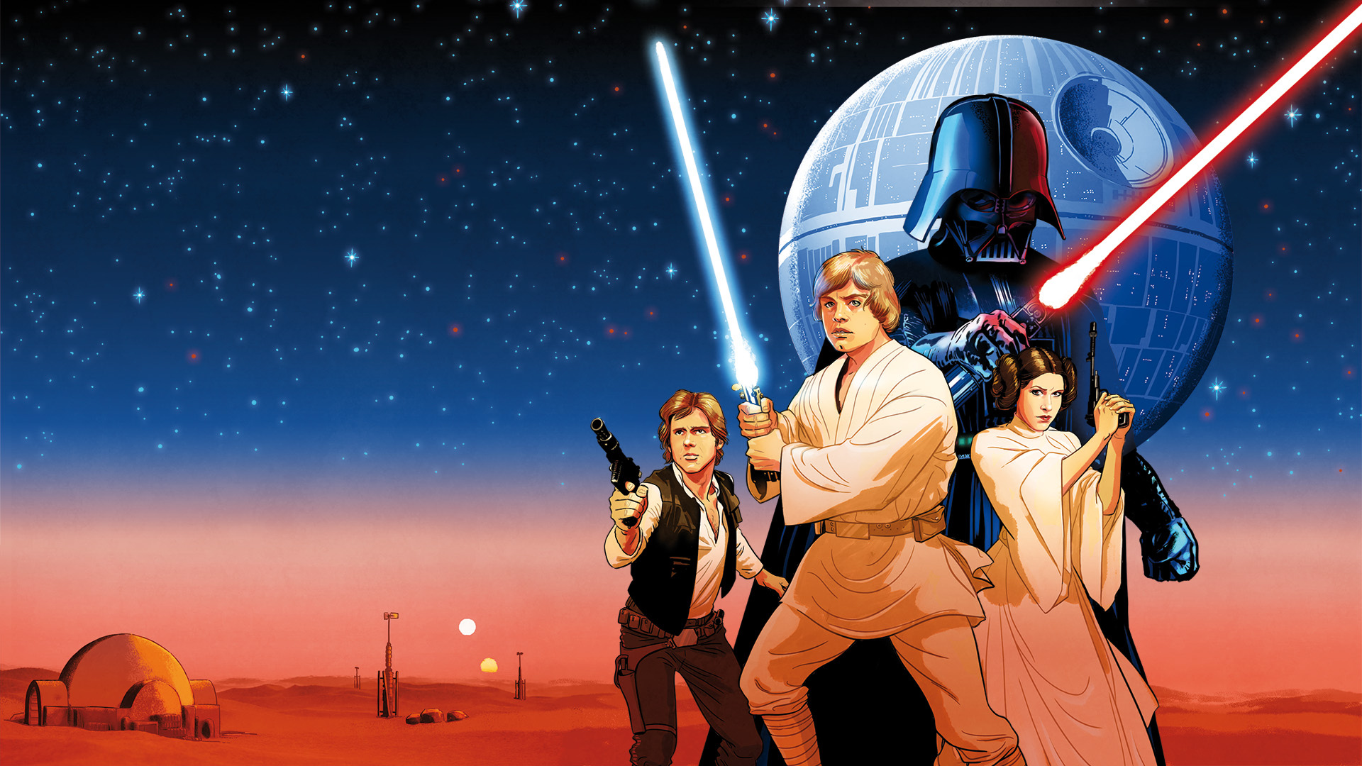 Illustration from Star Wars featuring Luke Skywalker with a gun, Obi-Wan Kenobi with a lightsaber, Princess Leia with a blaster, Darth Vader with a lightsaber, the Death Star in the background, and a desert landscape with small buildings and twin suns.