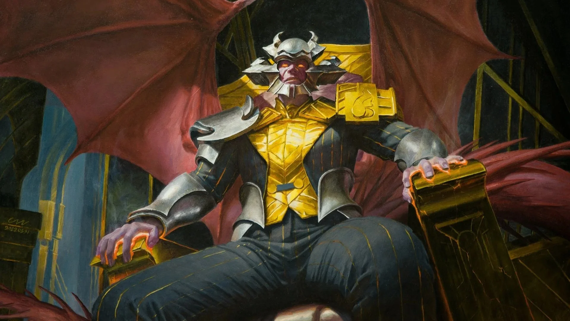 Painting of a dark armored, winged figure sitting on a throne, with a lion mask headpiece, glowing eyes, and gold accents.