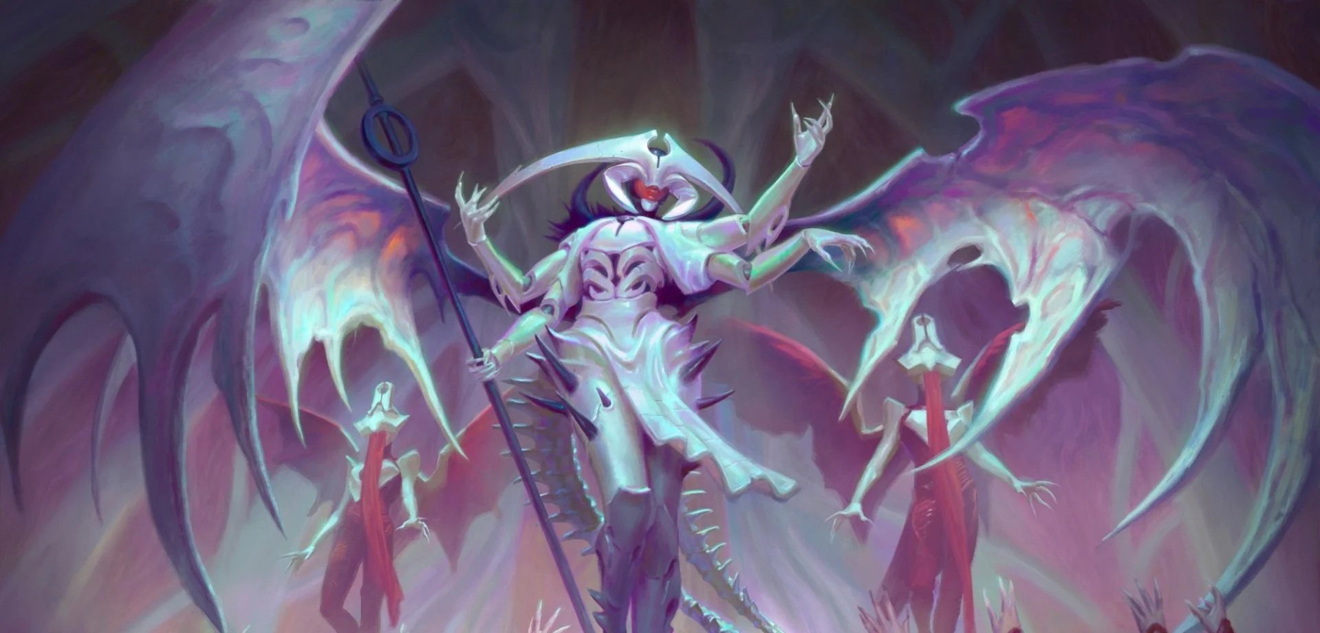 Fantasy illustration of a multi-limbed, armored demon with bat-like wings, holding a pitchfork, surrounded by two smaller demon creatures with glowing red eyes, set against a dark, ominous background.