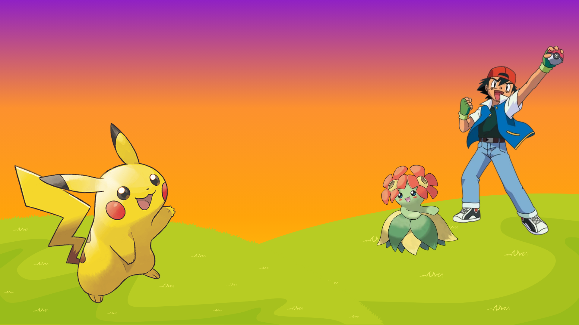 Illustration of Pikachu, a yellow Pokémon, on the left; a Pokémon called Vileplume, with red flowers on its head, in the middle; and a young male trainer with a Pokéball in his hand on the right, against a sunset sky with orange and purple hues and green grass.