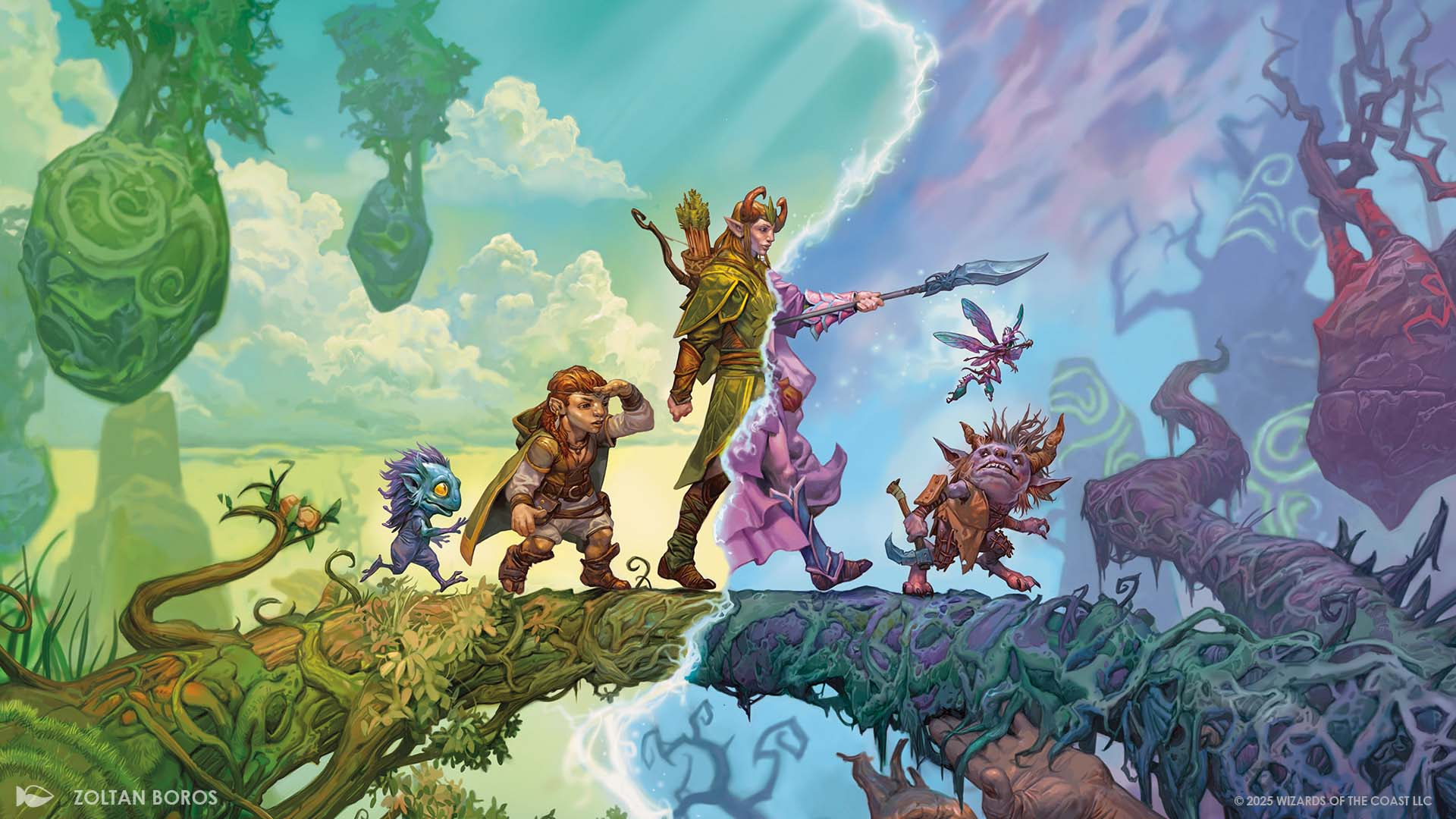 A fantasy illustration of five adventurers crossing a split, magical bridge between two mystical worlds, with lush trees and floating islands on the left and dark, twisted trees on the right, under a stormy sky with lightning.