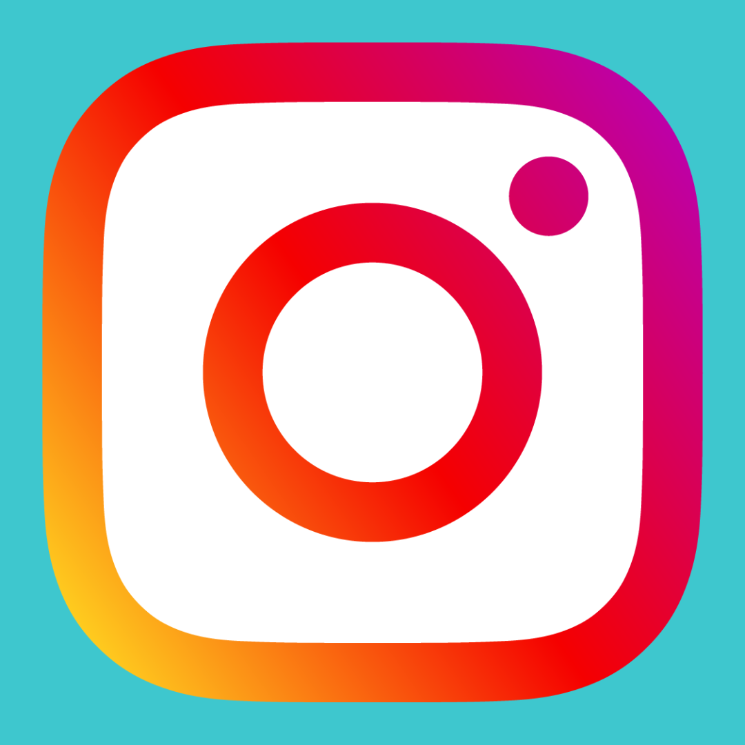 Instagram logo with a colorful gradient on a blue background.