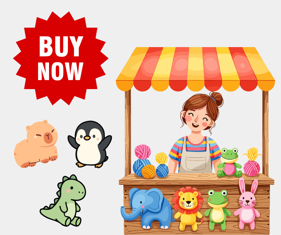 A carrot-shaped stand with a red and yellow striped canopy, run by a smiling woman in a colorful striped shirt and apron at a fair or market. Surrounding her are cartoon plush toys of various animals including a pig, penguin, dinosaur, elephant, lion, frog, and bunny, with a red starburst sign that says "BUY NOW."