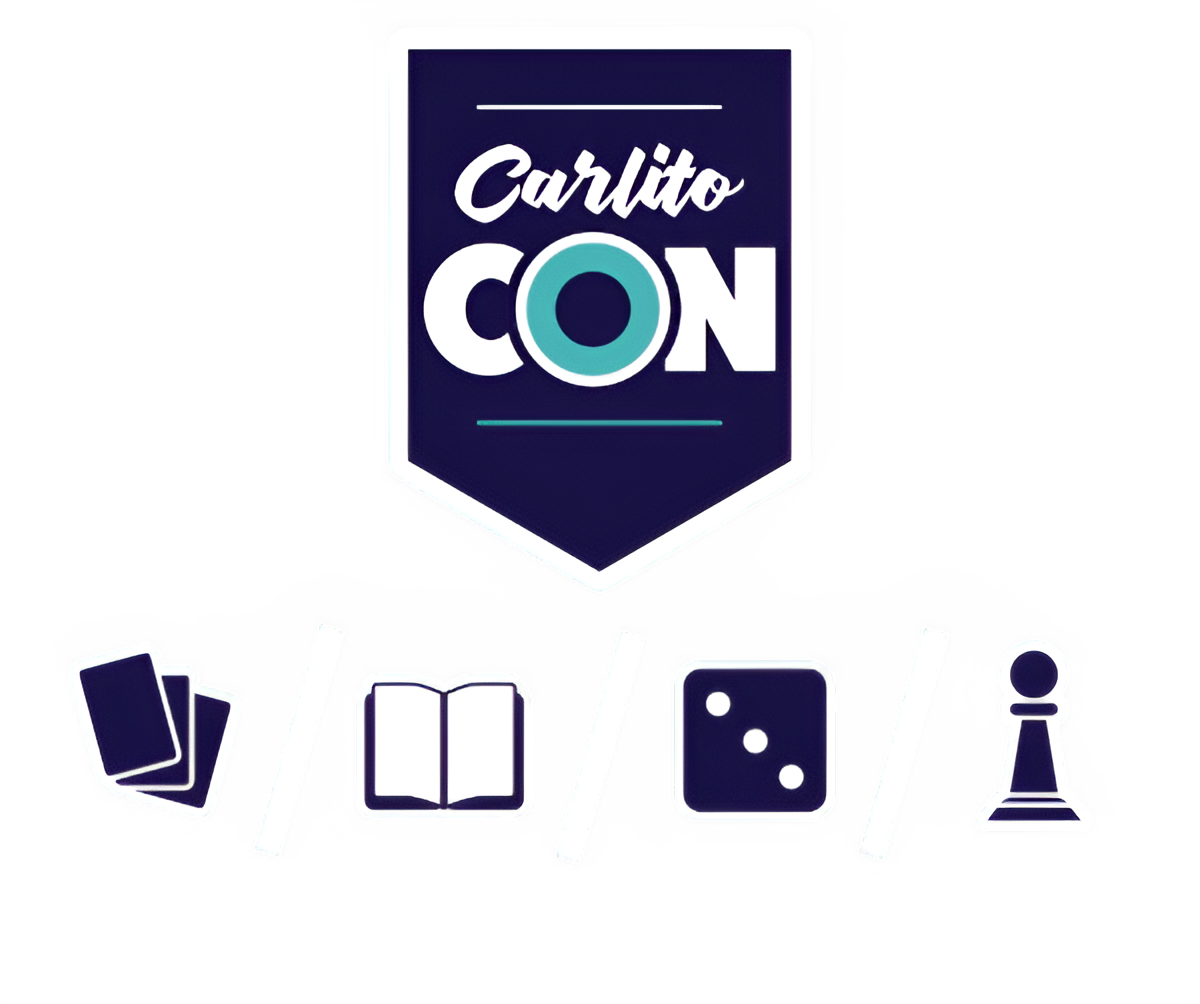 A logo with the text 'Carlito CON' above four icons representing books, a dice, and a pawn piece, all in a dark background.