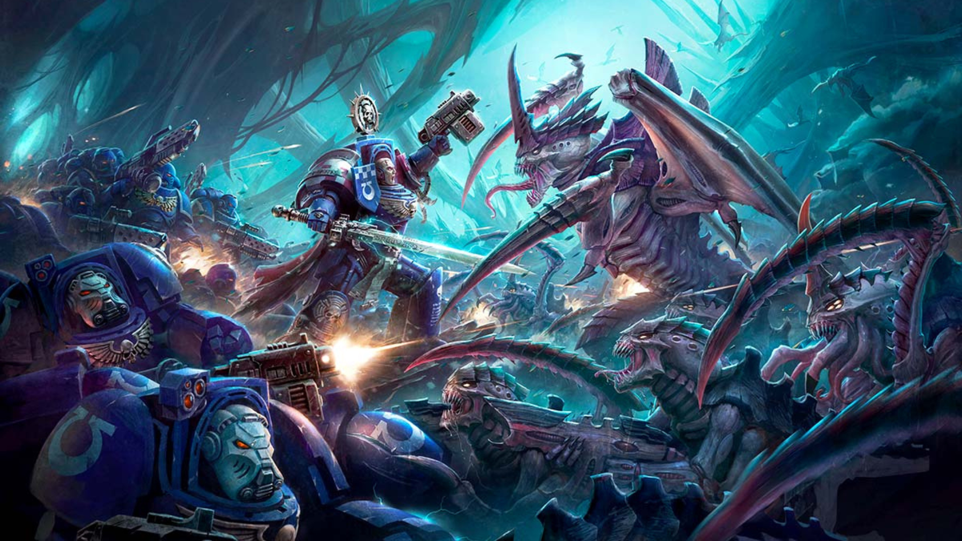 Warriors in blue armor fighting alien creatures with large claws and sharp teeth in a sci-fi forest.