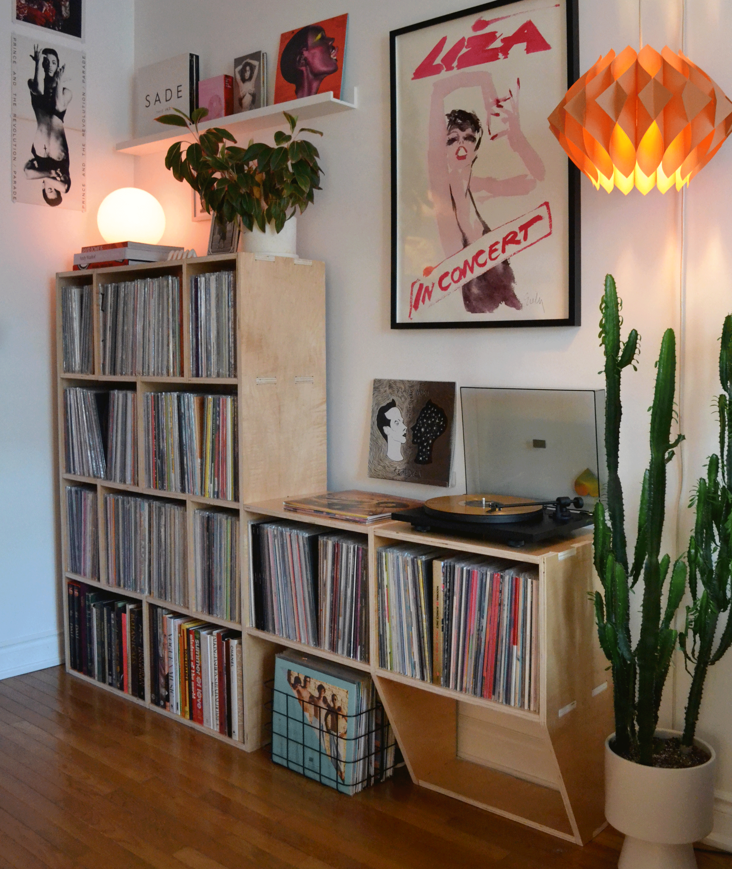 A room corner with a vinyl record collection, a vinyl turntable, framed artwork, and decorative plants.