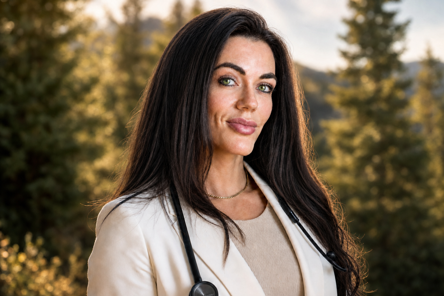 A woman with long dark hair, green eyes, and light makeup, wearing a beige shirt and white blazer, with a stethoscope around her neck, standing outdoors in a wooded area with sunlight filtering through trees.