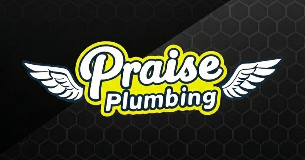 Logo for Praise Plumbing with angel wings on either side of the text, placed on a dark hexagonal patterned background.