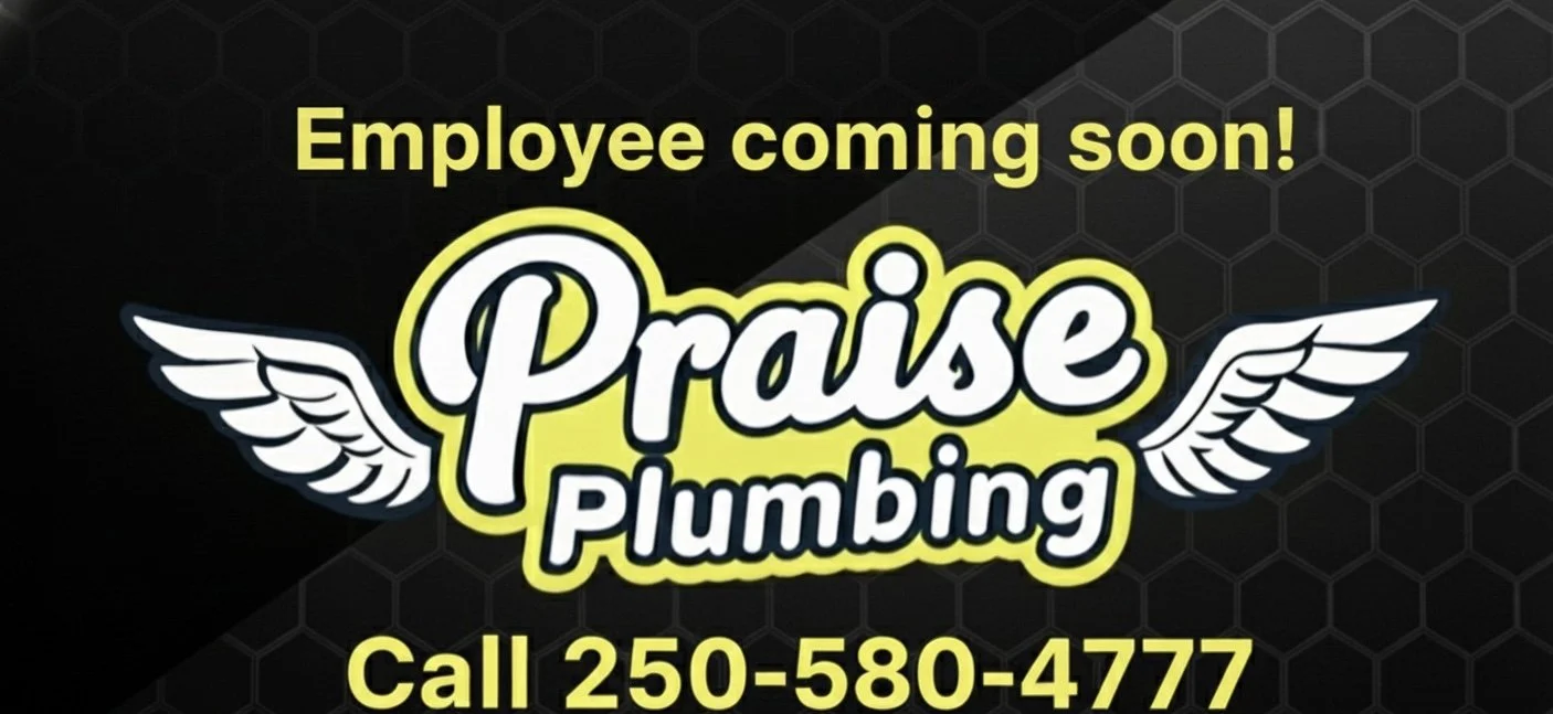 Advertisement for upcoming employee praise plumbing with a phone number, featuring a black background with hexagonal pattern and winged logo.