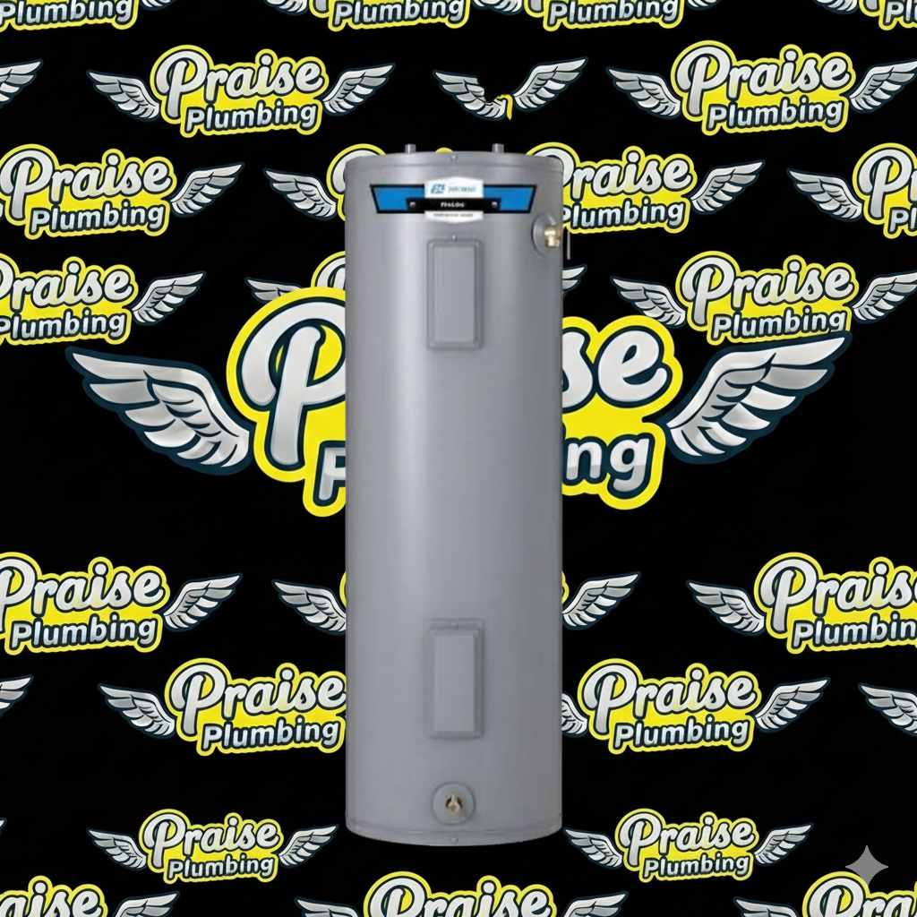 A grey, rectangular object with color-coded labels at the top and two access doors in the center and bottom. The background features a black wall with a repeating logo pattern that reads 'Praise Plumbing' with winged designs.