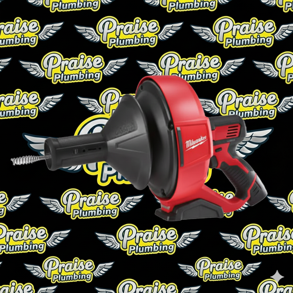 A Milwaukee brand noise-canceling power drill with a long screw attached, positioned against a repeating Praise Plumbing logo background.