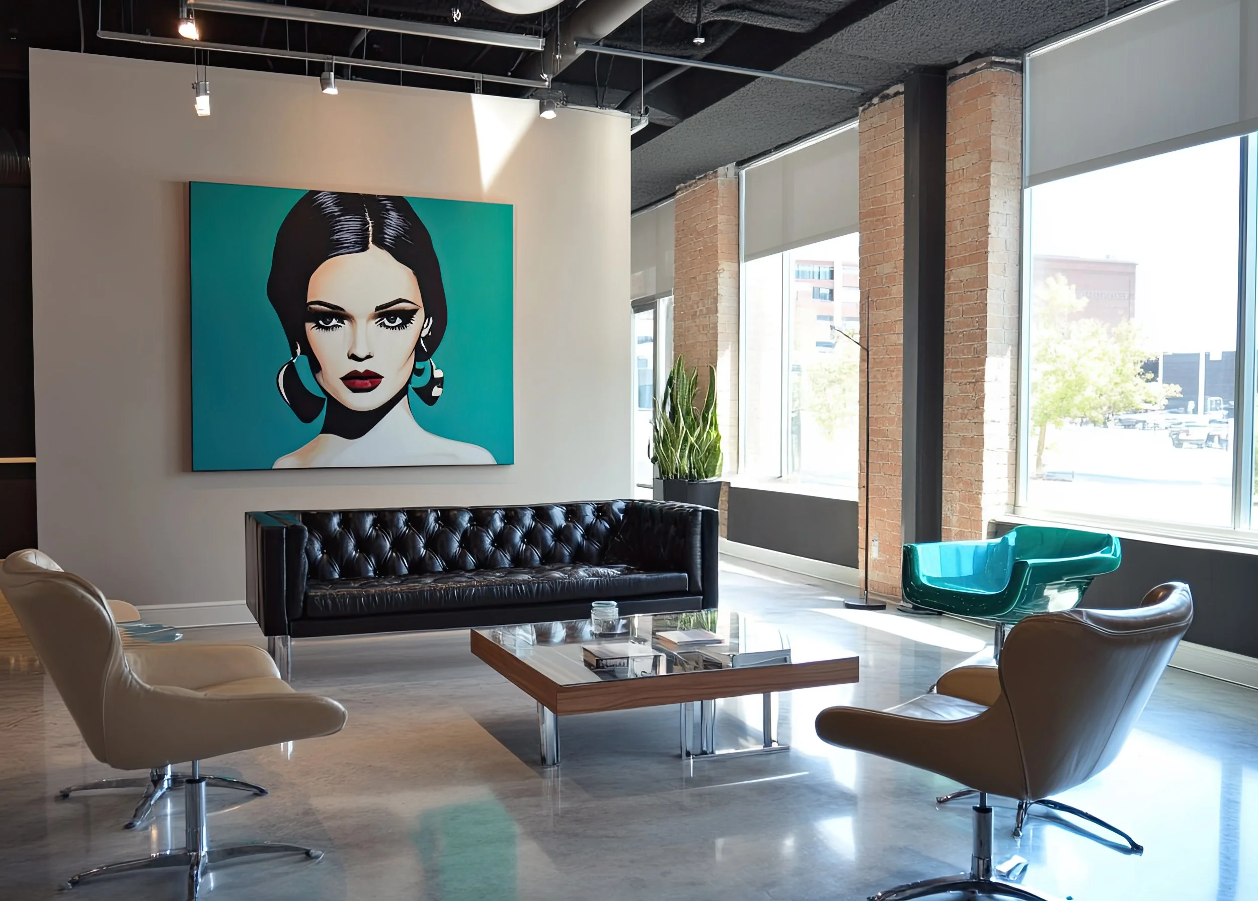 Modern lounge area with leather chairs, a black tufted sofa, a wooden coffee table, large windows, a large colorful portrait of a woman on the wall, and a tall green plant.