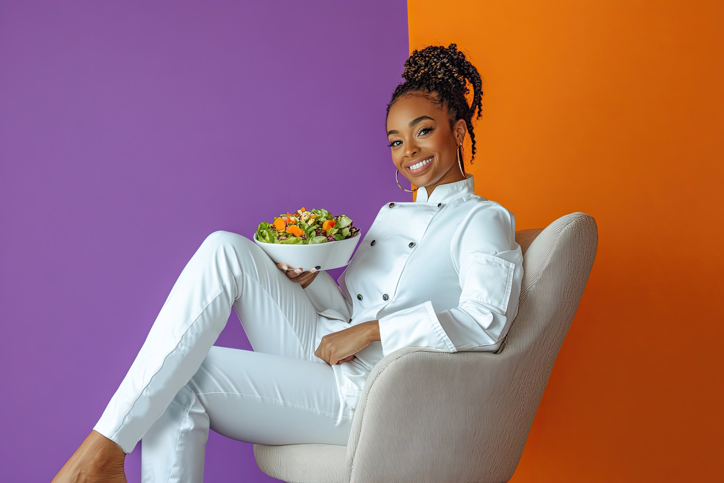 Smiling woman in a white chef's coat sitting in a beige chair, holding a bowl of salad, with a purple and orange background.