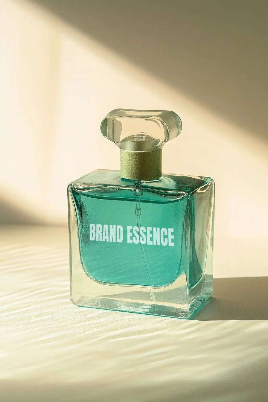 A glass perfume bottle labeled 'BRAND ESSENCE' with a transparent cap on a light-colored surface, with sunlight creating shadows.