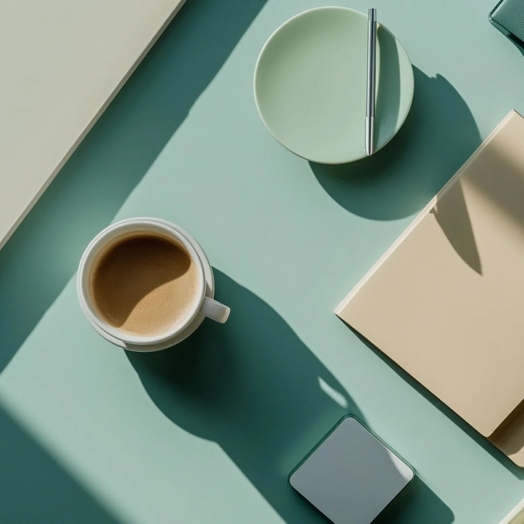 A top-down view of a workspace with a cup of coffee, a light green-rimmed plate with a pen, a closed beige notebook, a small white device, and a teal book, all on a pastel green surface with shadows cast by sunlight.