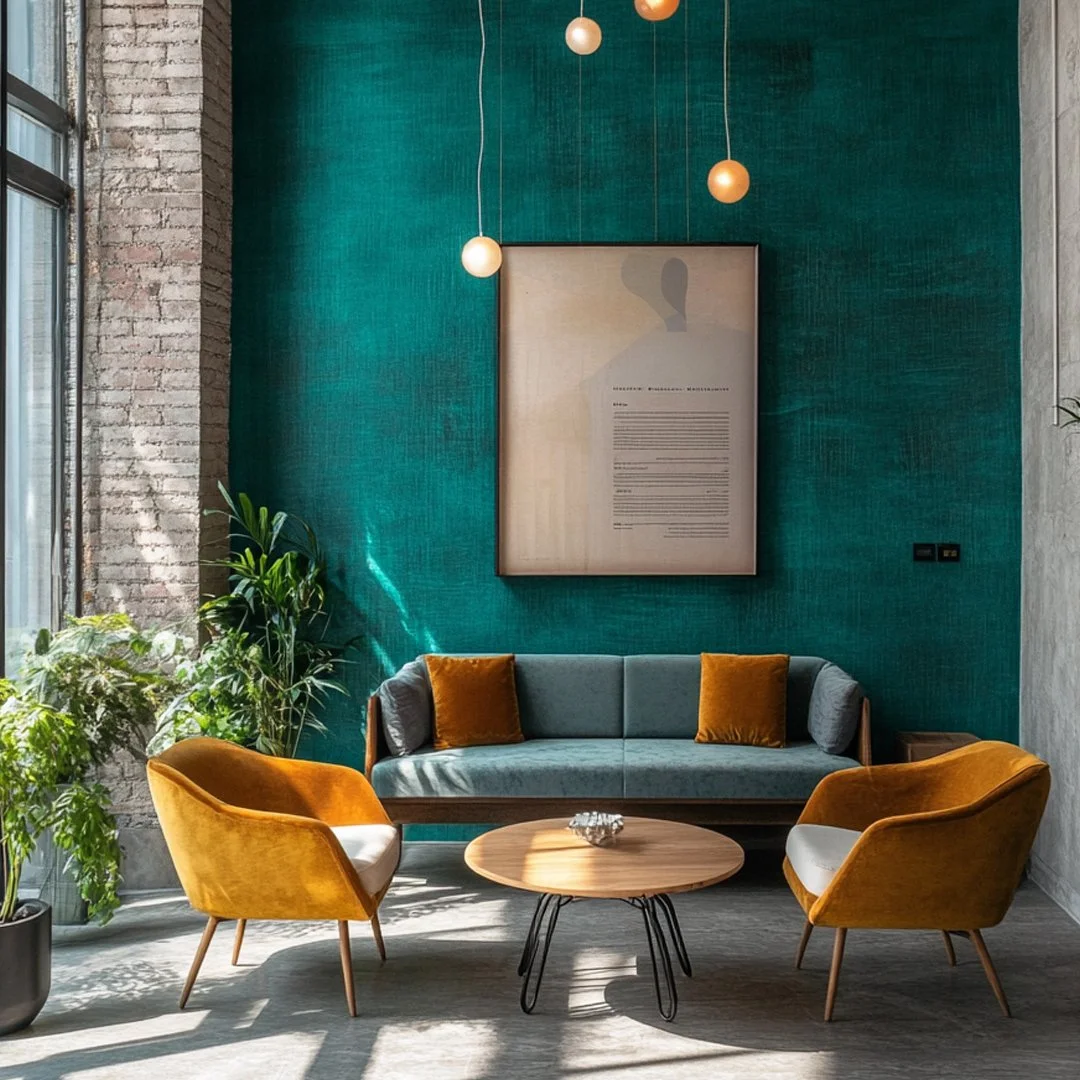 Modern living room with a teal accent wall, a framed artwork, a gray sofa with orange throw pillows, two yellow velvet armchairs, a round wooden coffee table, and potted green plants near a large window with sunlight streaming in.