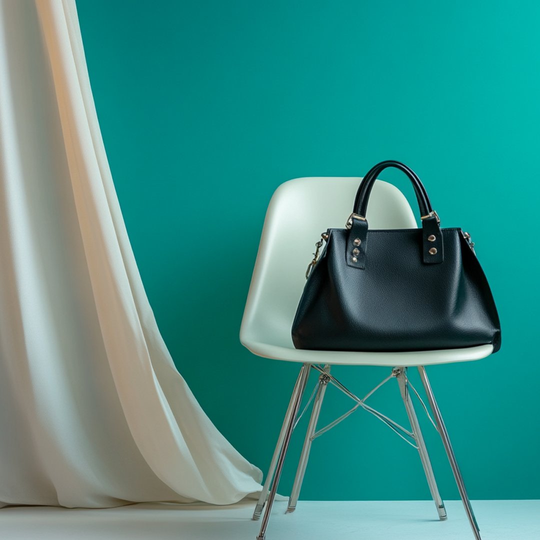 A black handbag on a white modern chair with chrome legs, set against a teal wall with a white curtain on the left.